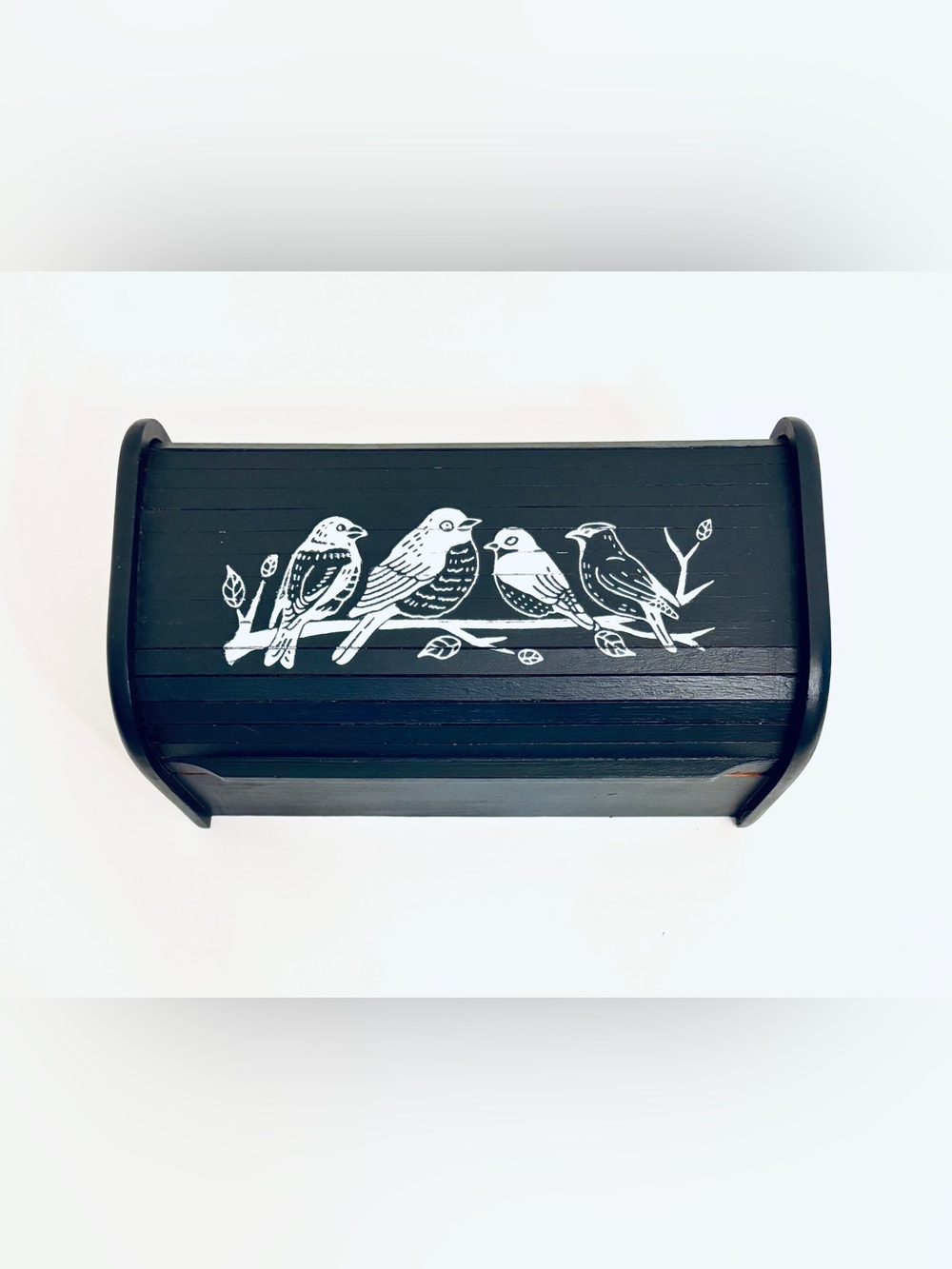 Vintage Wooden Roll Top Desk Organizer Box Upcycled Black with Bird Design